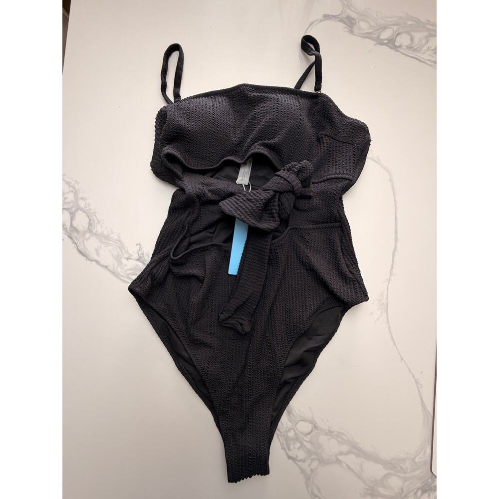 NWT Women’s Black Textured One Piece Swimsuit Tie Front Size Medium